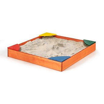 SKONYON Kids Outdoor Wooden Backyard Sandbox with Built-in Corner Seating 35" x 35" x 5"