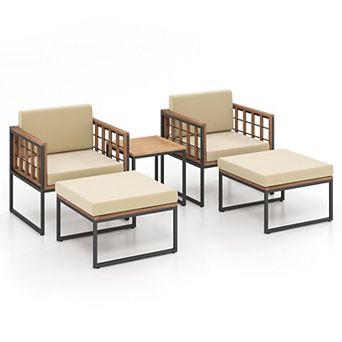 SKONYON 5 pc Outdoor Furniture Set Acacia Wood Chairs with Ottomans and Coffee Table