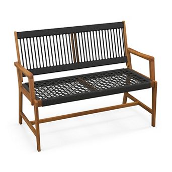 SKONYON Outdoor Acacia Wood Bench with Rope Woven Backrest and Armrests 46" x 25" x 35"
