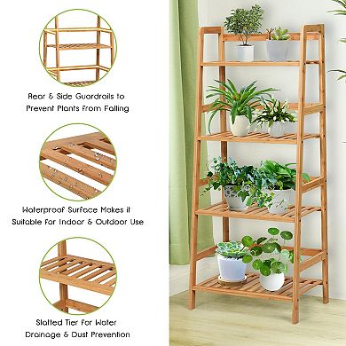 SKONYON 4-Tier Bamboo Plant Rack with Safety Guardrails 19" x 12.5" x 45" Space-Saving