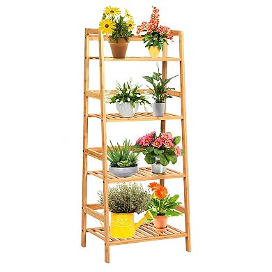 SKONYON 4-Tier Bamboo Plant Rack with Safety Guardrails 19" x 12.5" x 45" Space-Saving