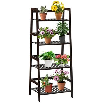 SKONYON 4 tier Bamboo Plant Rack with Safety Guardrails 19" x 12.5" x 45" Space-Saving