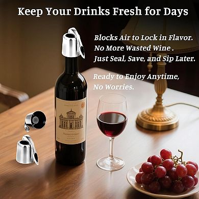 4-Pack Stainless Steel Wine Stoppers, Silicone Seal for Freshness, Reusable Bottle Sealer