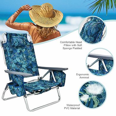 SKONYON 2-Pack Folding Backpack Beach Chair 5-Position Outdoor Reclining Chairs with Pillow