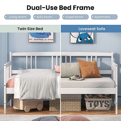 SKONYON Twin Size Wooden Slats Daybed Bed Frame with Three Rails 79" x 42.5" x 35.5"