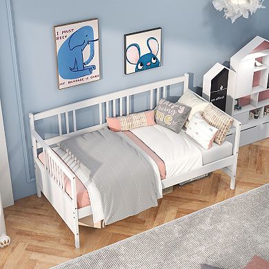 SKONYON Twin Size Wooden Slats Daybed Bed Frame with Three Rails 79" x 42.5" x 35.5"