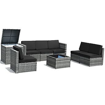 SKONYON 8 pc Wicker Rattan Patio Dinning Set with Tempered Glass Storage Table