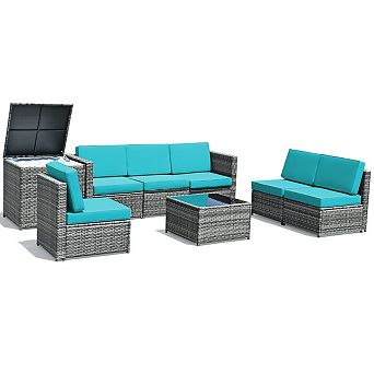 SKONYON 8 pc Wicker Rattan Patio Dinning Set with Tempered Glass Storage Table
