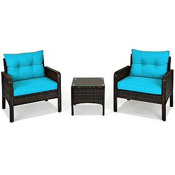 SKONYON 3 pc Outdoor Patio Rattan Conversation Set with Seat Cushions and Coffee Table