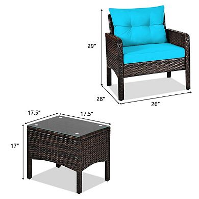 SKONYON 3 Piece Outdoor Patio Rattan Conversation Set with Seat Cushions and Coffee Table