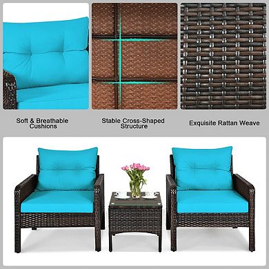 SKONYON 3 Piece Outdoor Patio Rattan Conversation Set with Seat Cushions and Coffee Table