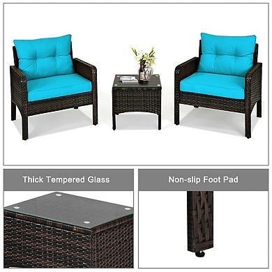 SKONYON 3 Piece Outdoor Patio Rattan Conversation Set with Seat Cushions and Coffee Table