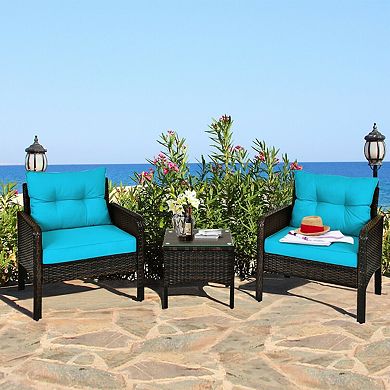 SKONYON 3 Piece Outdoor Patio Rattan Conversation Set with Seat Cushions and Coffee Table