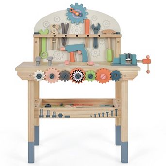 SKONYON Kids Wooden Play Tool Workbench with Realistic Accessories and 55 pc Set