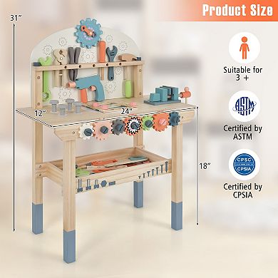 SKONYON Kids Wooden Play Tool Workbench with Realistic Accessories and 55-Piece Set
