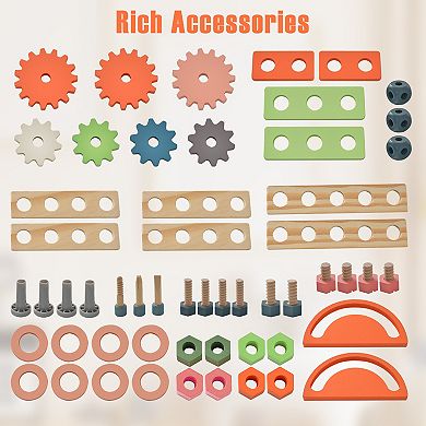 SKONYON Kids Wooden Play Tool Workbench with Realistic Accessories and 55-Piece Set