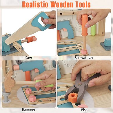 SKONYON Kids Wooden Play Tool Workbench with Realistic Accessories and 55-Piece Set