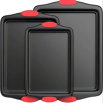 Nonstick Baking Sheet Pans Set of 3, Heavy-Gauge Carbon Steel Oven Trays with Silicone Handles