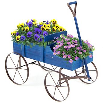 SKONYON Wooden Wagon Plant Bed with Metal Wheels for Garden Yard Patio 24.5" x 13.5" x 24"
