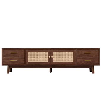 Mid Century Modern Rattan TV Stand, 2 Cabinets & 4 Drawers, for TVs up to 80"