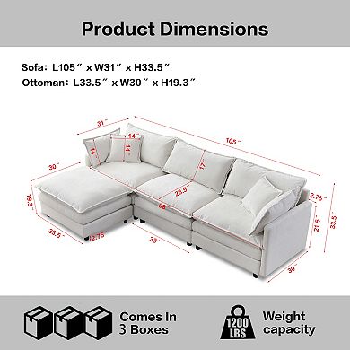L Shaped Modular Cloud Couch Sectional, pholstered Soft Chenille Fabric Sofa, with Movable Ottoman
