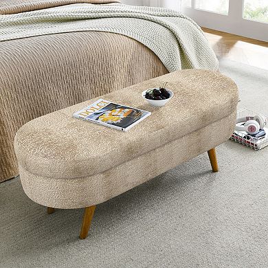 Ottoman Oval Storage Bench, Linen Fabric Upholstered Entryway Bench, Rubber Wood Legs