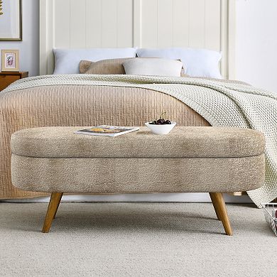 Ottoman Oval Storage Bench, Linen Fabric Upholstered Entryway Bench, Rubber Wood Legs