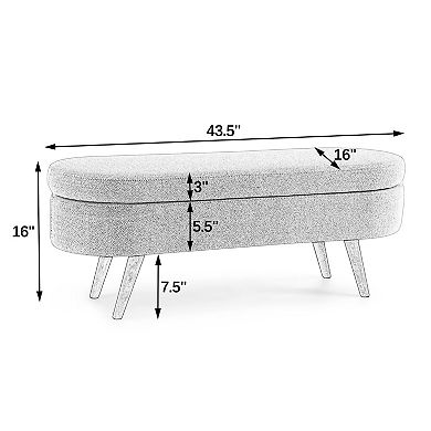 Ottoman Oval Storage Bench, Linen Fabric Upholstered Entryway Bench, Rubber Wood Legs