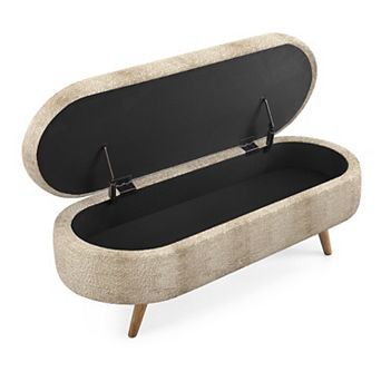 Ottoman Oval Storage Bench, Linen Fabric Upholstered Entryway Bench, Rubber Wood Legs