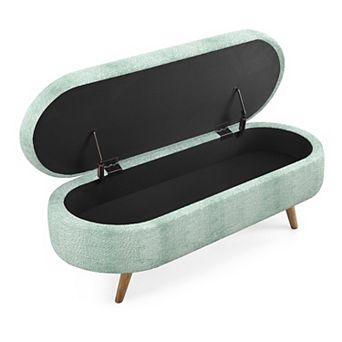 Ottoman Oval Storage Bench, Linen Fabric Upholstered Entryway Bench, Rubber Wood Legs