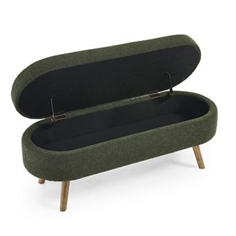 Ottoman Oval Storage Bench, Linen Fabric Upholstered Entryway Bench, Rubber Wood Legs