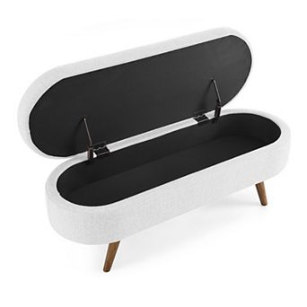 Ottoman Oval Storage Bench, Linen Fabric Upholstered Entryway Bench, Rubber Wood Legs