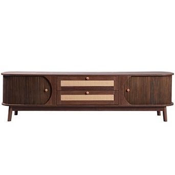 Mid Century Modern Rattan TV Stand, Tambour Sliding Doors, Curved Profile Design, for TVs up to 75"