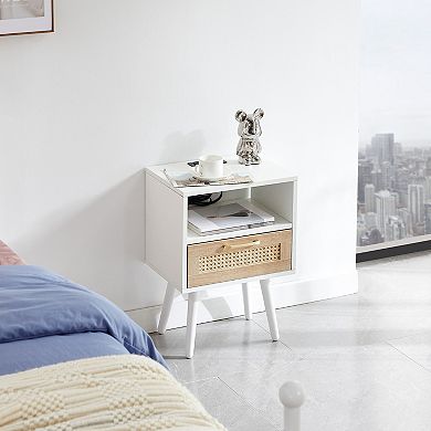 KWPZQEB Rattan Nightstand, Boho Side Table with Drawer and Open Shelf for Bedroom, Dorm