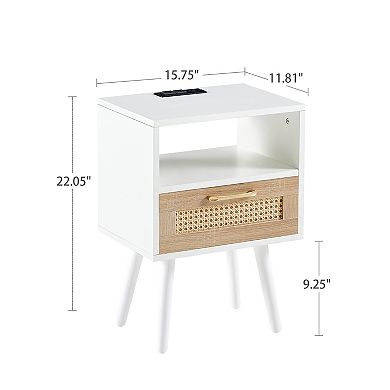 KWPZQEB Rattan Nightstand, Boho Side Table with Drawer and Open Shelf for Bedroom, Dorm