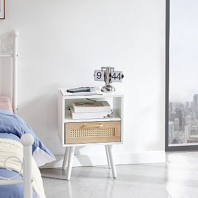 KWPZQEB Rattan Nightstand, Boho Side Table with Drawer and Open Shelf for Bedroom, Dorm
