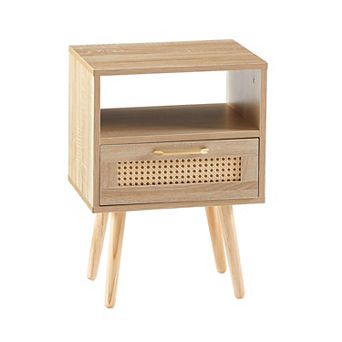 KWPZQEB Rattan Nightstand, Boho Side Table with Drawer and Open Shelf for Bedroom, Dorm