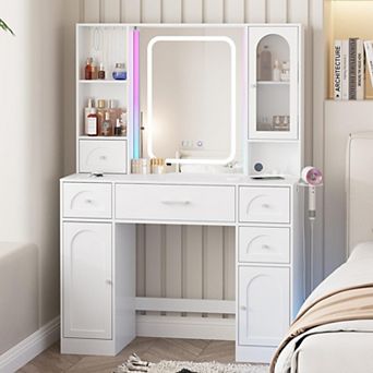 Makeup Vanity Desk with RGB Lights & Time Display, 5 Drawers + Power Strip for Bedroom