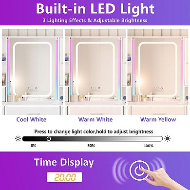 Makeup Vanity Desk with RGB Lights & Time Display, 5 Drawers + Power Strip for Bedroom