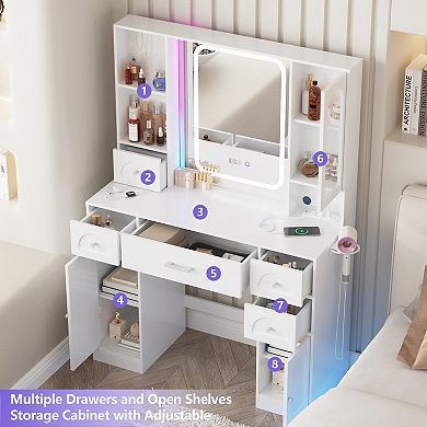 Makeup Vanity Desk with RGB Lights & Time Display, 5 Drawers + Power Strip for Bedroom