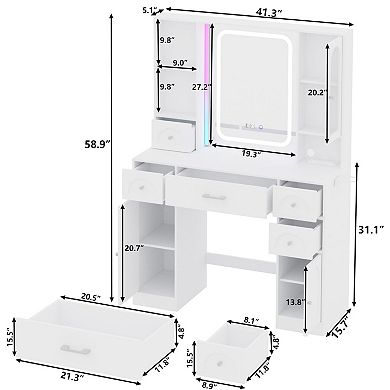 Makeup Vanity Desk with RGB Lights & Time Display, 5 Drawers + Power Strip for Bedroom