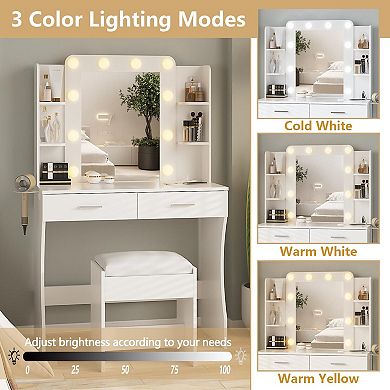 Vanity Desk with Mirror & Lights, Makeup Vanity with Charging Station, LED Vanity Table StorageStool