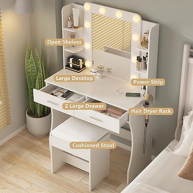 Vanity Desk with Mirror & Lights, Makeup Vanity with Charging Station, LED Vanity Table StorageStool