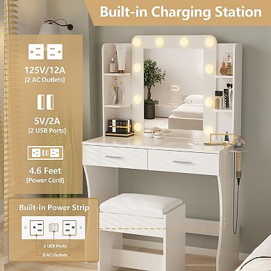 Vanity Desk with Mirror & Lights, Makeup Vanity with Charging Station, LED Vanity Table StorageStool