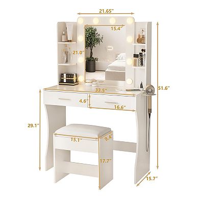 Vanity Desk with Mirror & Lights, Makeup Vanity with Charging Station, LED Vanity Table StorageStool