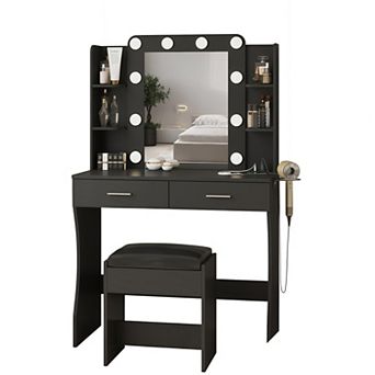 Makeup Vanity Desk with 3-Color LED Mirror & Charging Station, 2 Large Drawers + Hair Dryer Holder