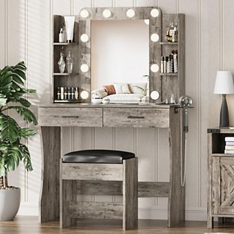 Vabches Makeup Vanity Desk with Mirror and Lights, Stool, 2 Drawers, Dressing Table Set