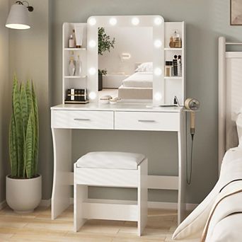 Makeup Vanity Desk with 3-Color LED Mirror & Charging Station, 2 Large Drawers + Hair Dryer Holder
