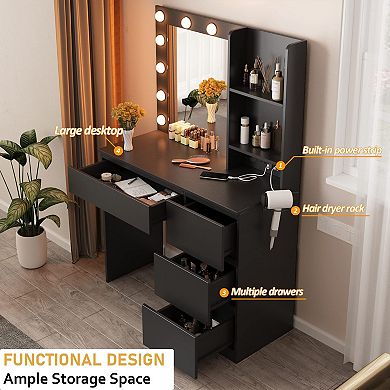 Makeup Vanity Desk with Adjustable Mirror & Lights, 4 Large Drawers Vanity Table for Bedroom