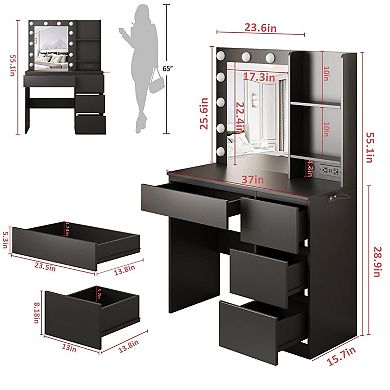 Makeup Vanity Desk with Adjustable Mirror & Lights, 4 Large Drawers Vanity Table for Bedroom